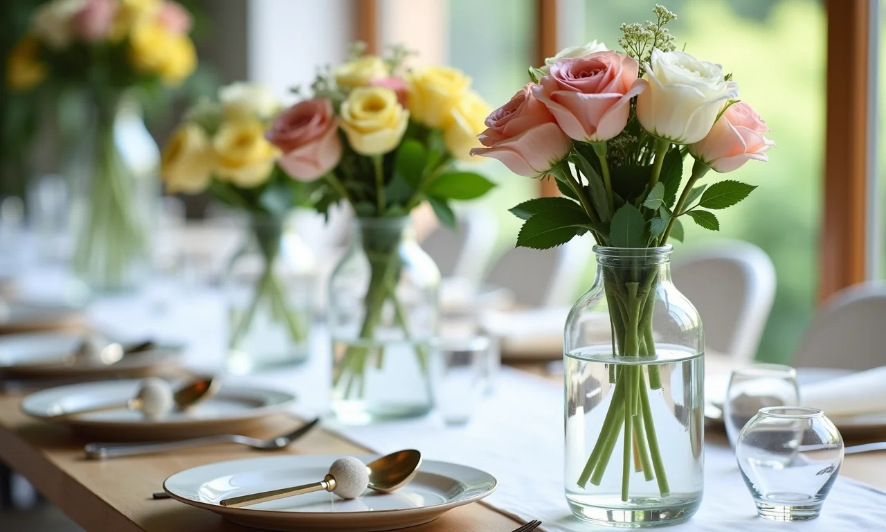 Materiais e ferramentas para criar centros de mesa de casamento.