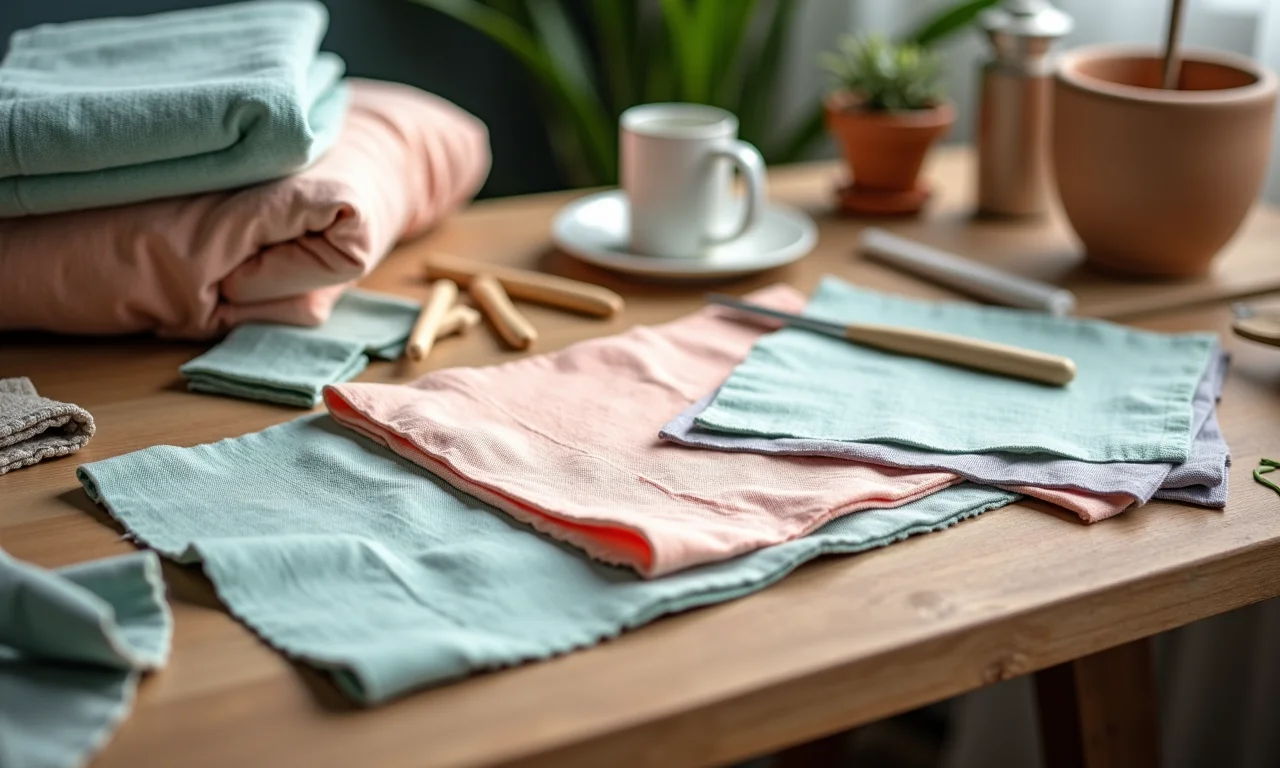 Materiais e ferramentas para fazer tapete de banheiro de tecido em uma mesa de madeira.