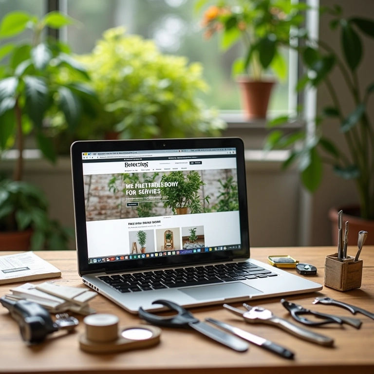 Materiais e ferramentas para treliça e loja online no fundo.