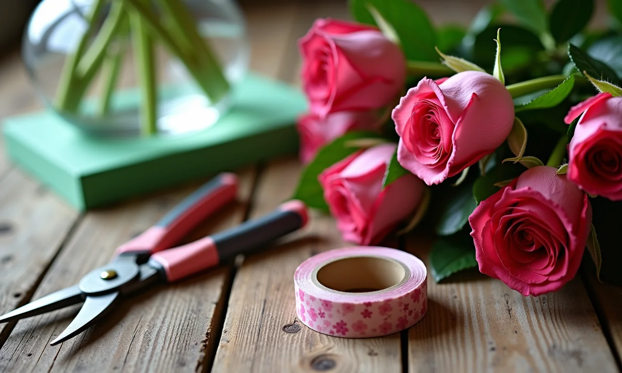 Materiais essenciais para arranjo de rosas.