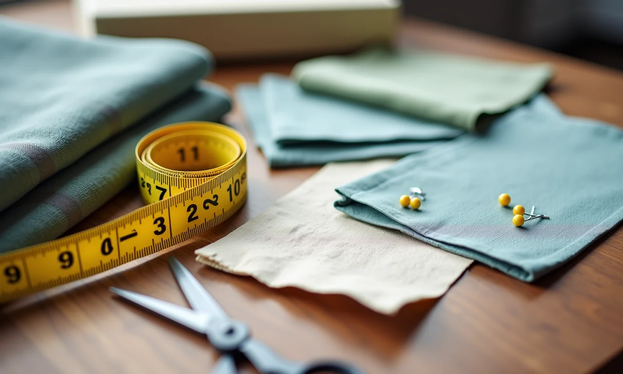 Materiais essenciais para capa de sofá: tecidos, fita métrica, tesoura e alfinetes.