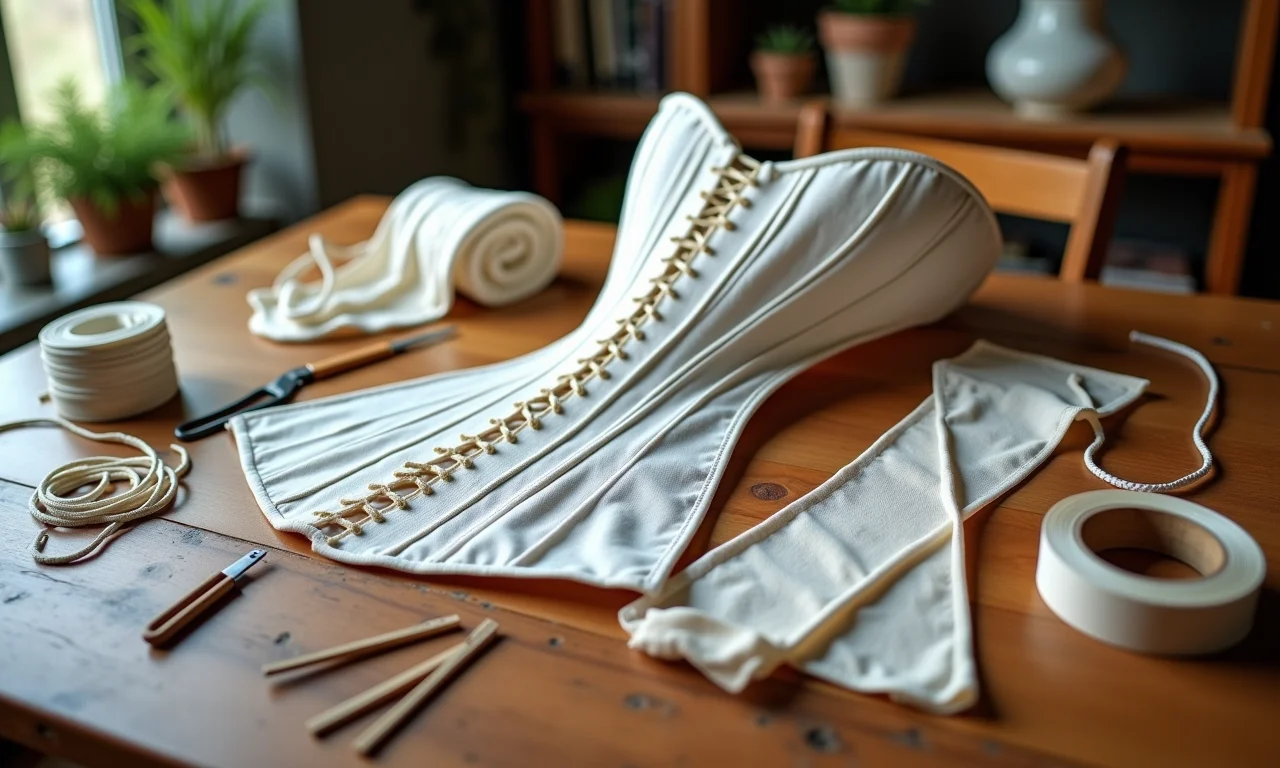 Materiais essenciais para corset: coutil, barbatanas, busk.