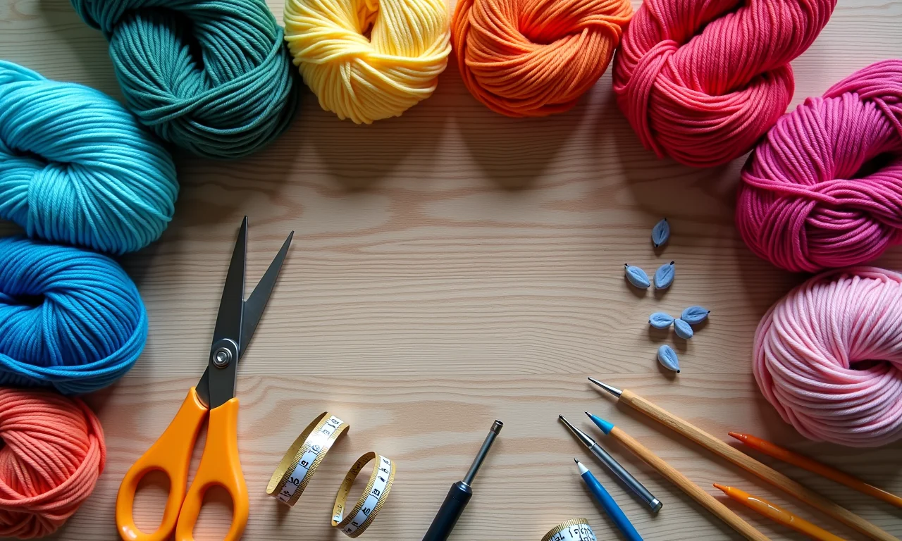 Materiais essenciais para crochê: agulhas, linhas coloridas e acessórios.