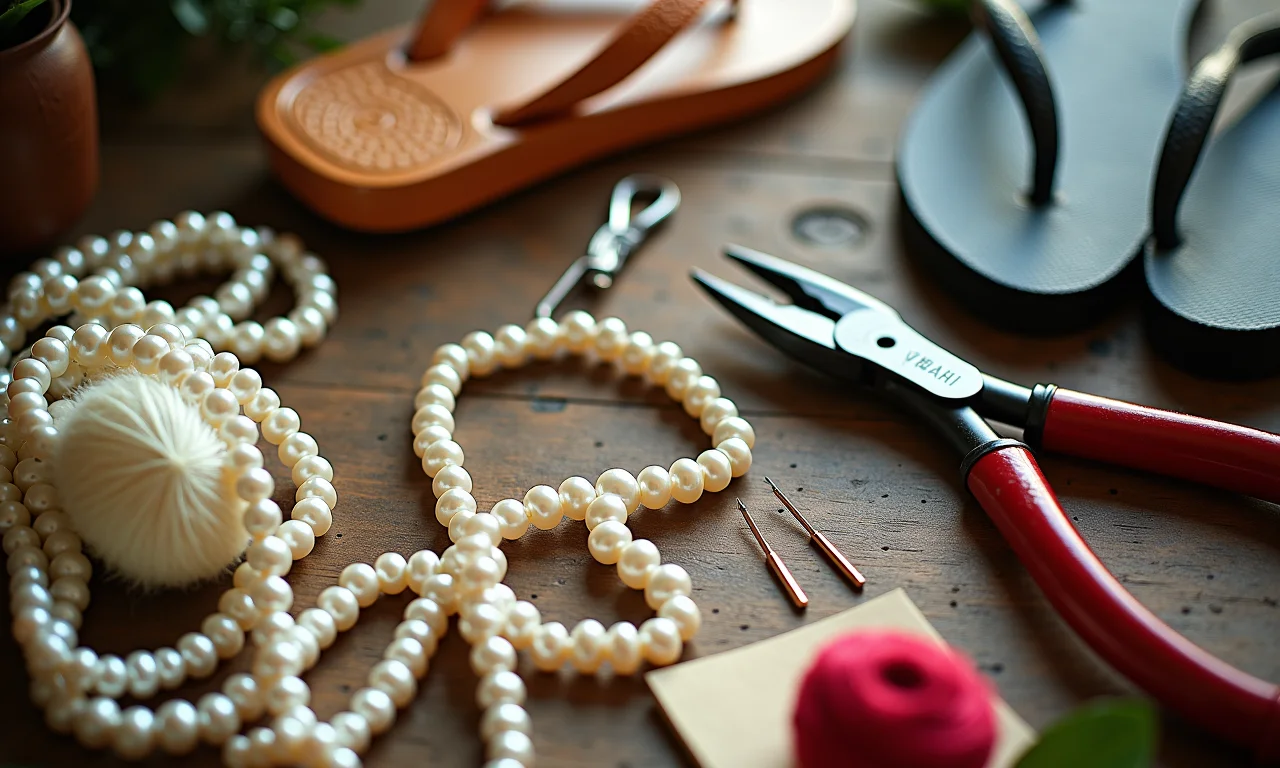 Materiais essenciais para customizar chinelos com pérolas.