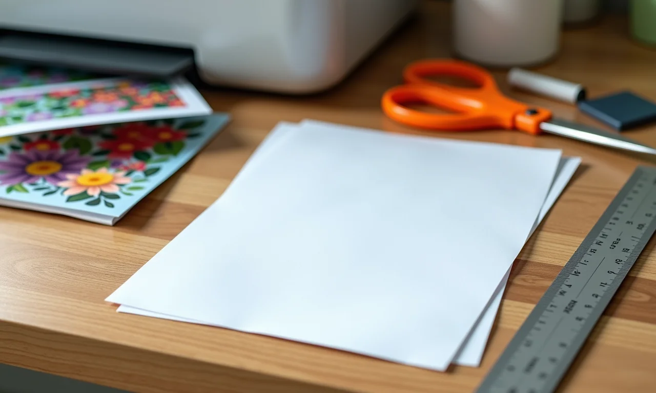 Materiais essenciais para fazer adesivos: papel, tesoura, régua e impressora.