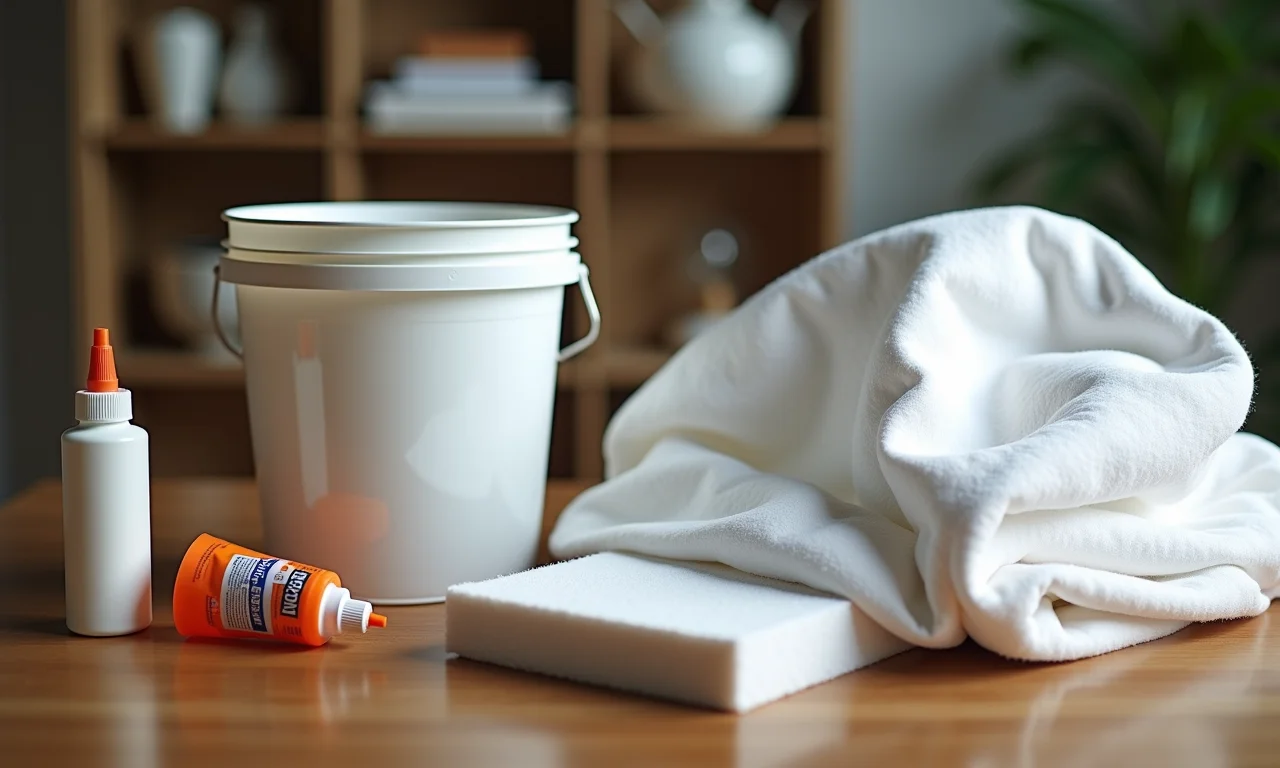 Materiais essenciais para fazer um puff de balde: balde, tecido, espuma, cola.