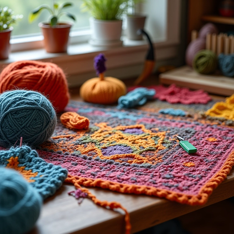 Materiais essenciais para fazer um tapete de lã: agulhas, lãs coloridas e tear.