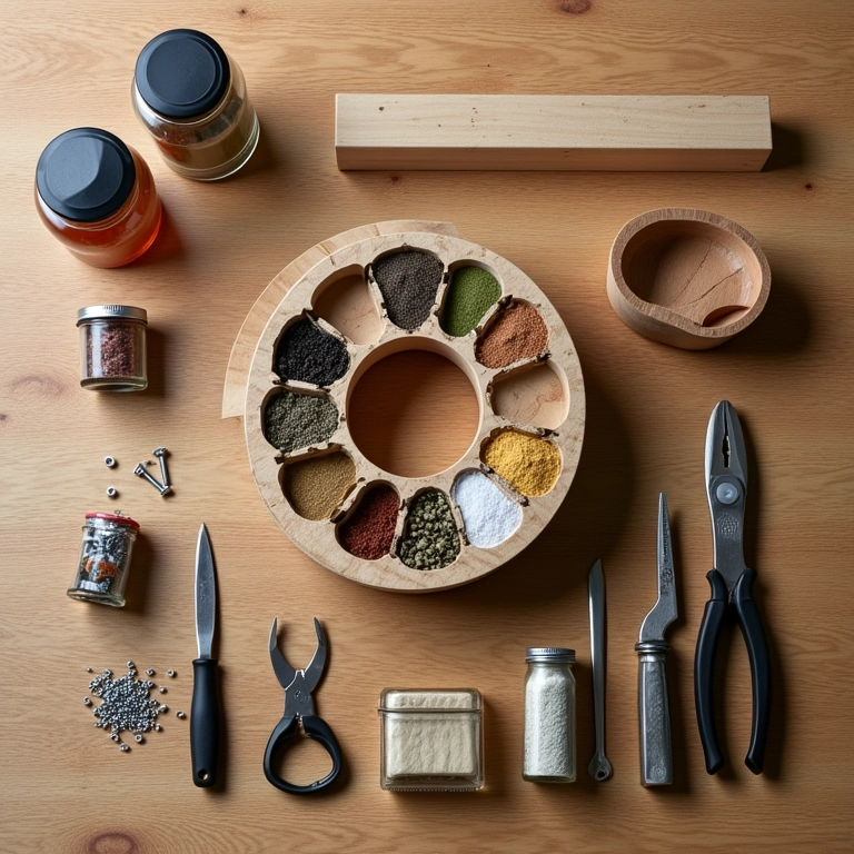 Materiais necessários para montar um porta condimentos giratório: madeira, potes, parafusos e ferramentas.