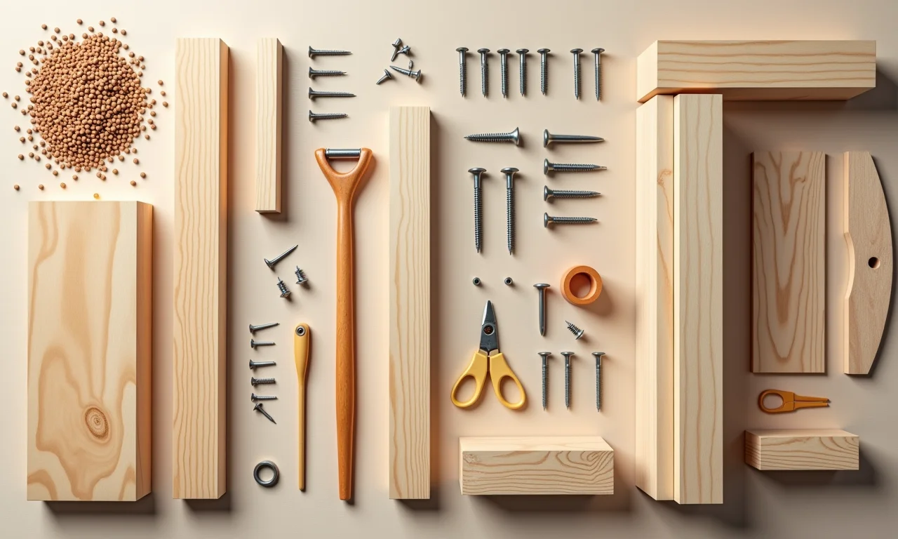 Materiais organizados para construção de casinha de madeira infantil.