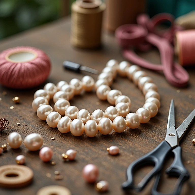 Materiais para colar de pérola e fita de cetim.