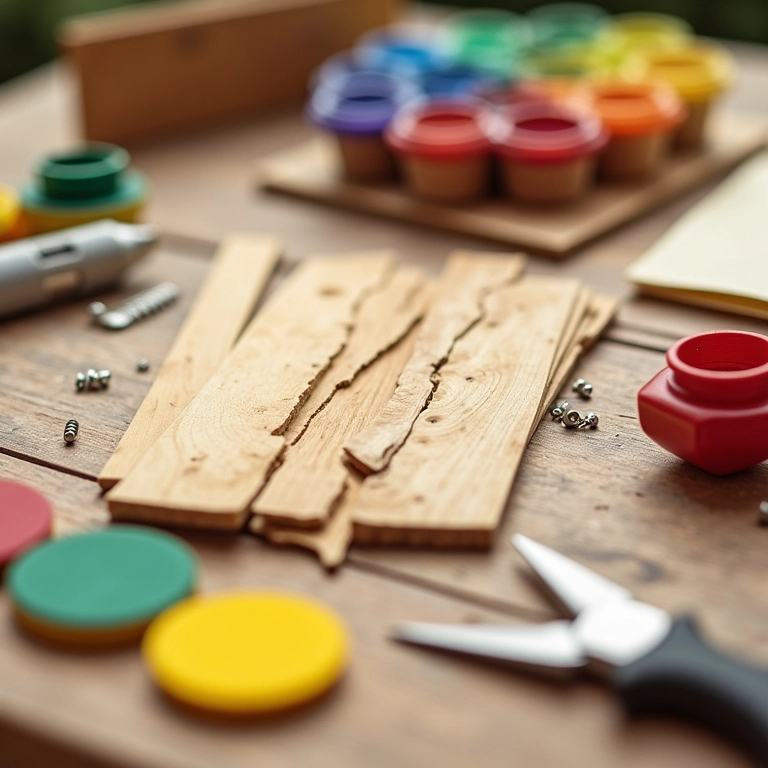 Materiais para construir mesa infantil: madeira, tintas e ferramentas.