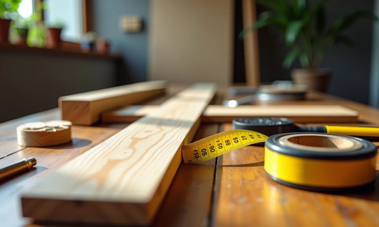 Materiais para construir portinha de cachorro: madeira reciclada, fita métrica e ferramentas.