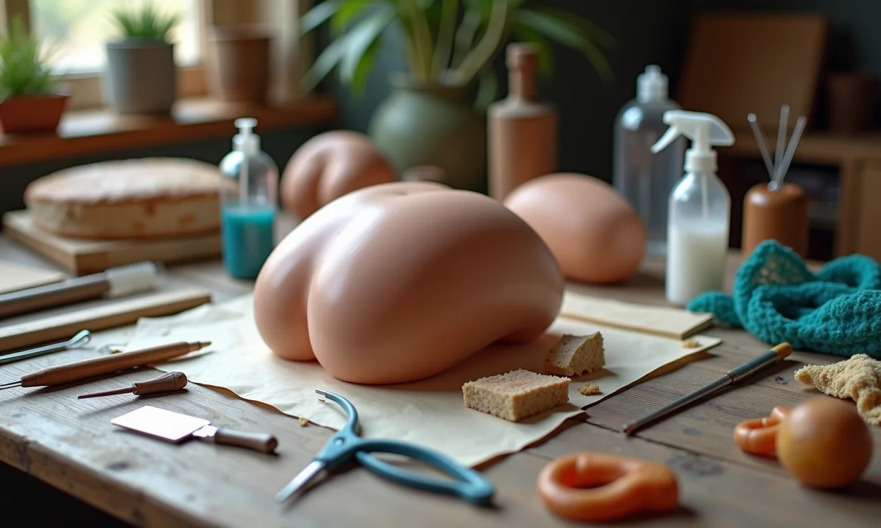Materiais para fazer barriga falsa dispostos em uma mesa.