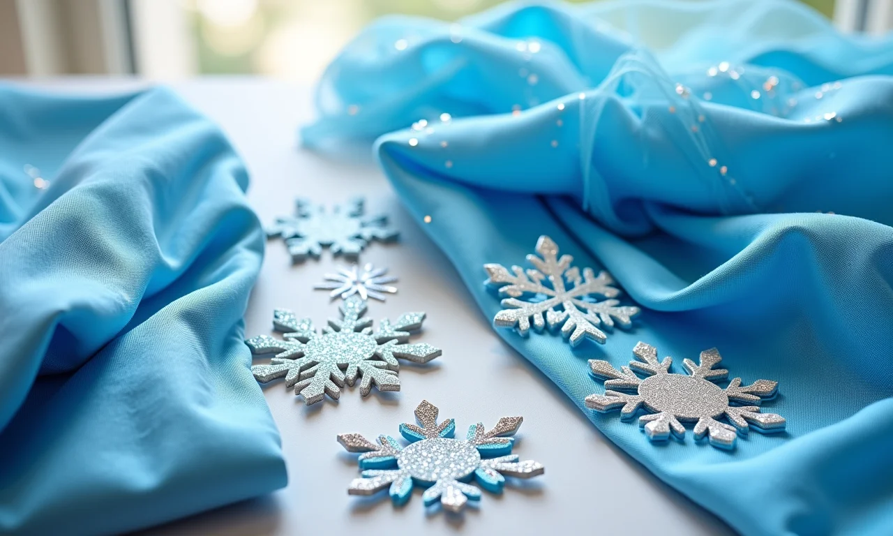 Materiais para fazer vestido da Frozen: tecidos azuis, tule, glitter prateado.