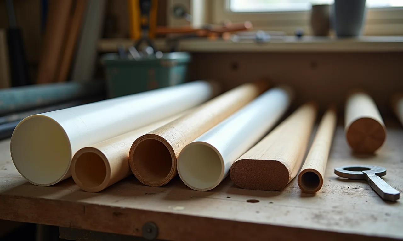 Materiais para mastros de bandeira: bambu, PVC e madeira.