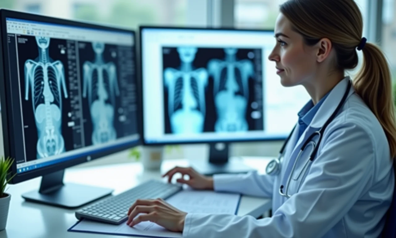 Médico analisando resultados de exames complementares.