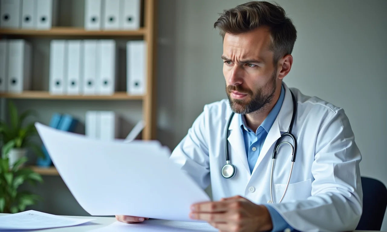 Médico corrigindo erro em relatório médico.