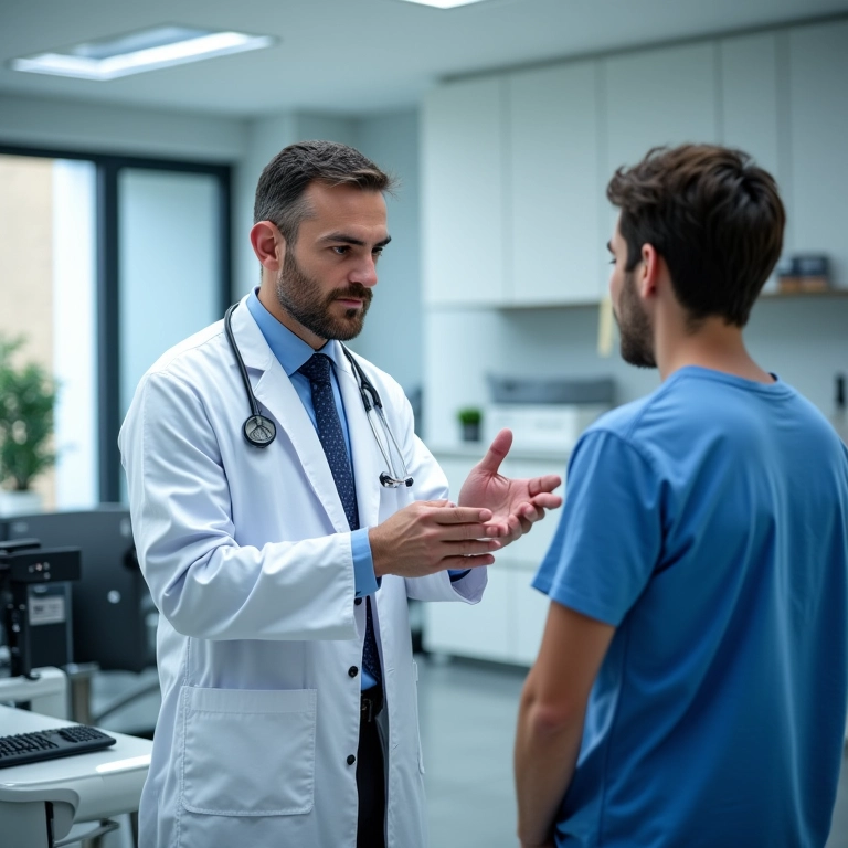 Médico explicando a duração da colonoscopia para paciente.