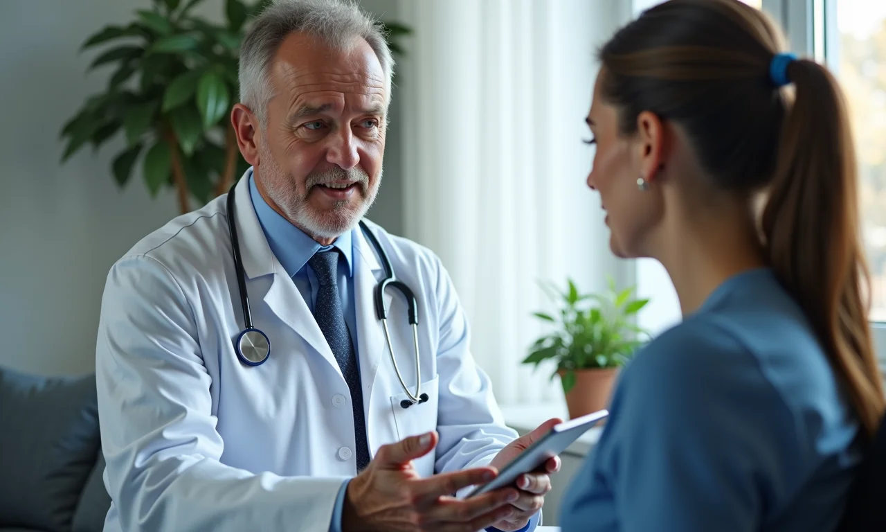 Médico explicando diagnóstico para paciente.