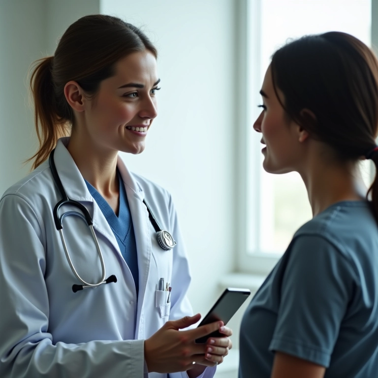 Médico explicando os benefícios e riscos da redução de mama para paciente em consultório.