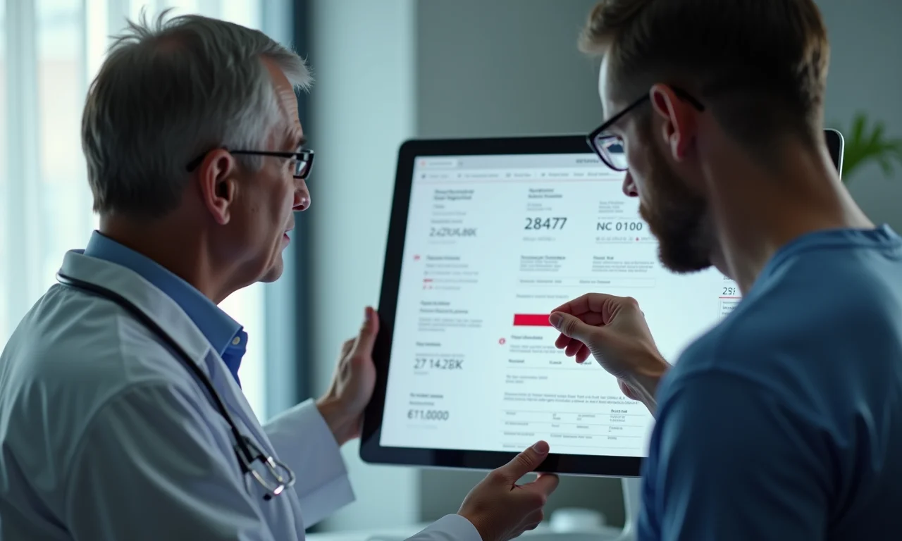 Médico explicando resultados de exames de colesterol para paciente.