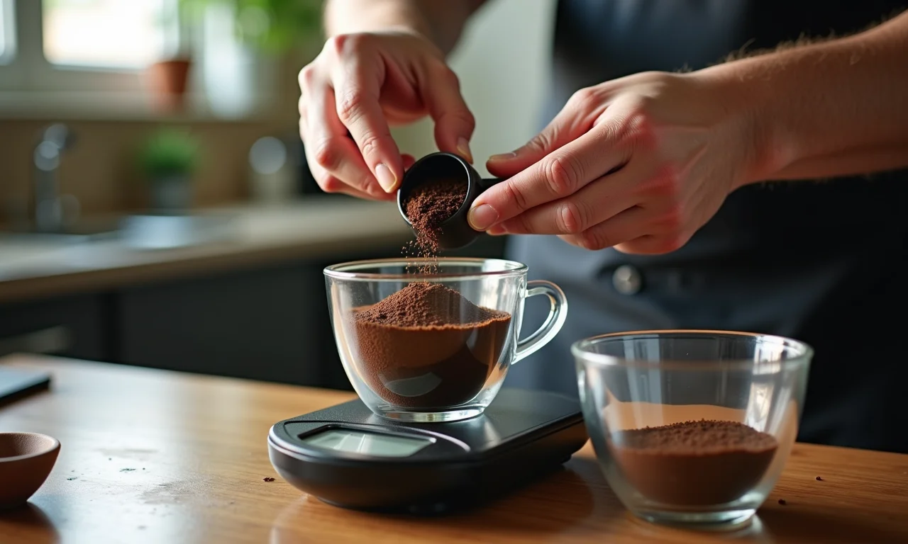 Medindo a proporção ideal de pó de café e água.