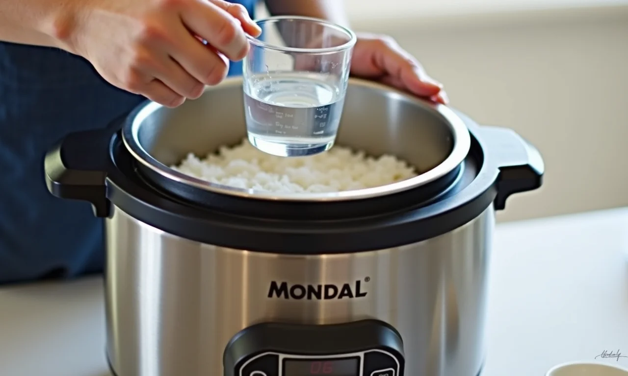 Medindo a quantidade ideal de água para cozinhar arroz na panela elétrica Mondial.