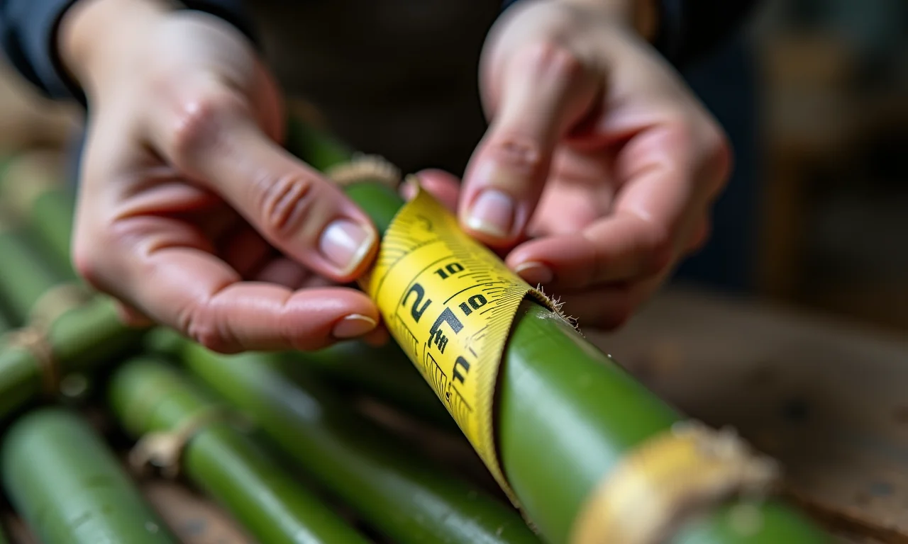Medindo bambu para cortina.