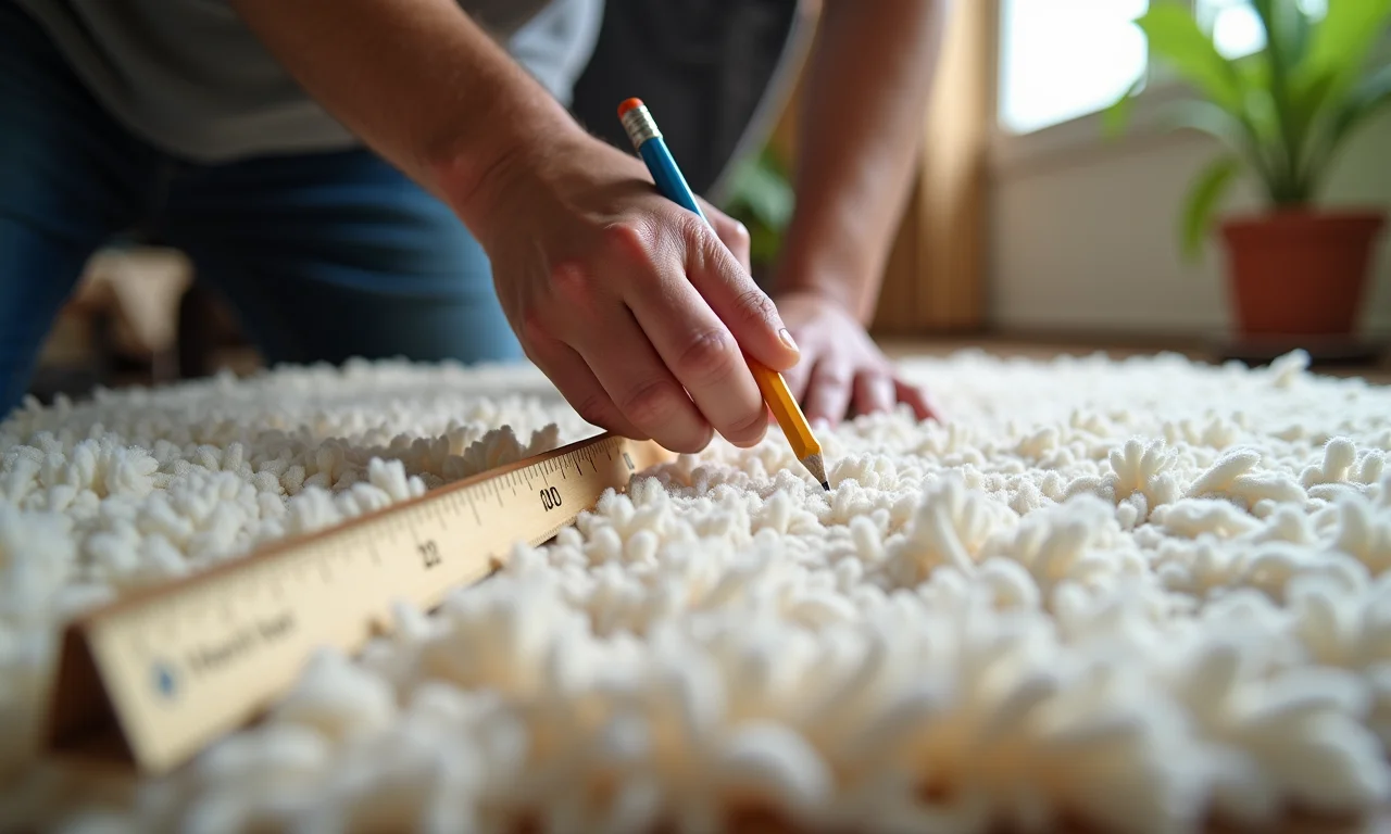 Medindo e marcando tapete de pelúcia com régua e lápis