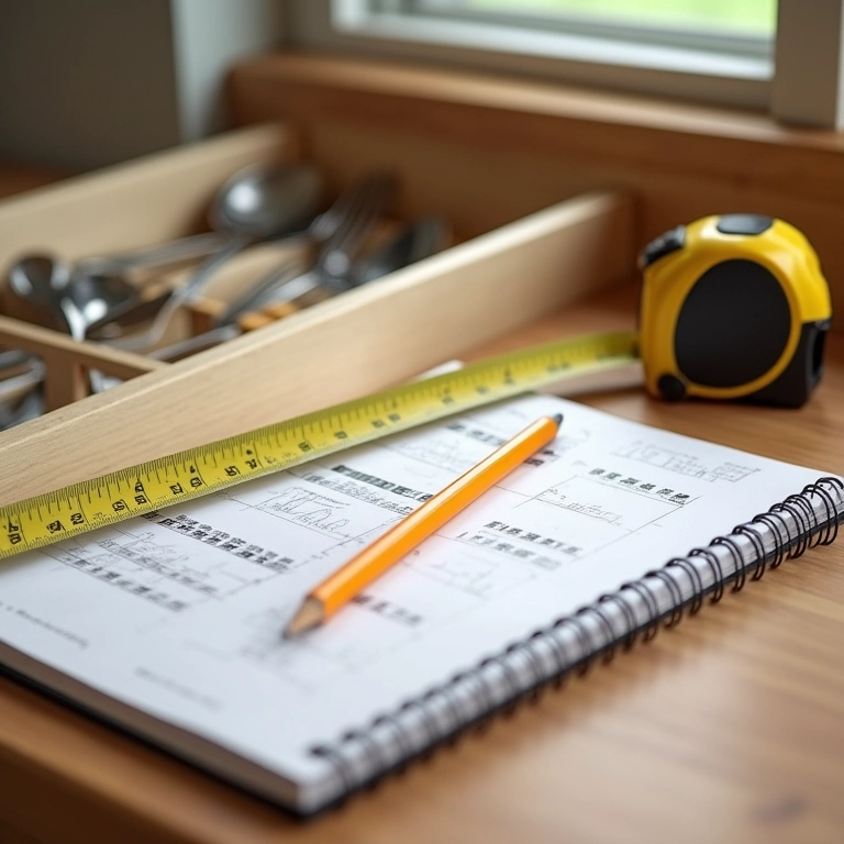 Medindo gaveta para planejar organizador de talheres.