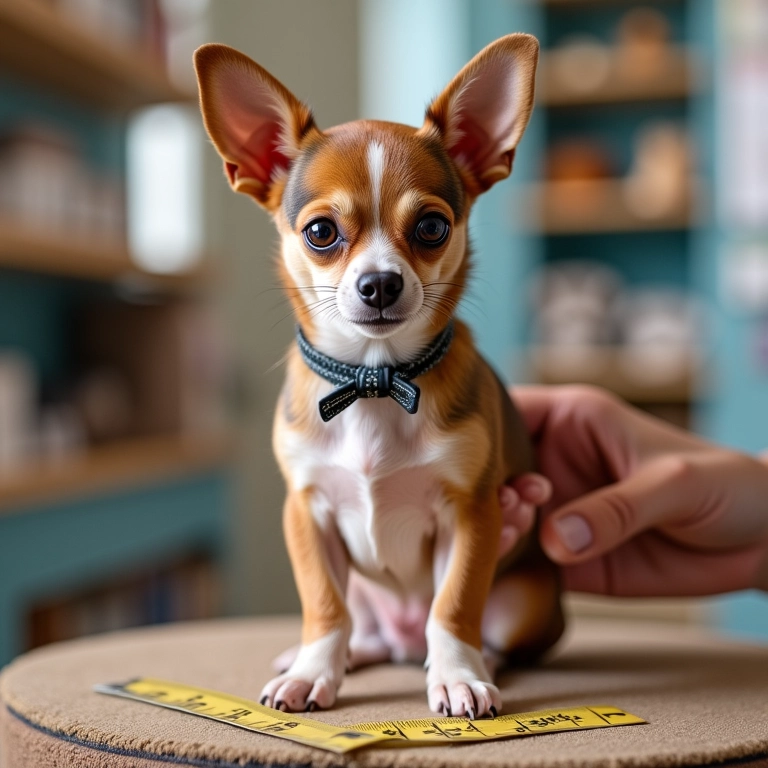 Medindo um chihuahua para determinar o tamanho ideal do laço.