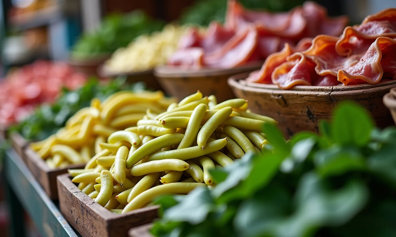 Mercado brasileiro com ingredientes frescos para feijão tropeiro à venda.