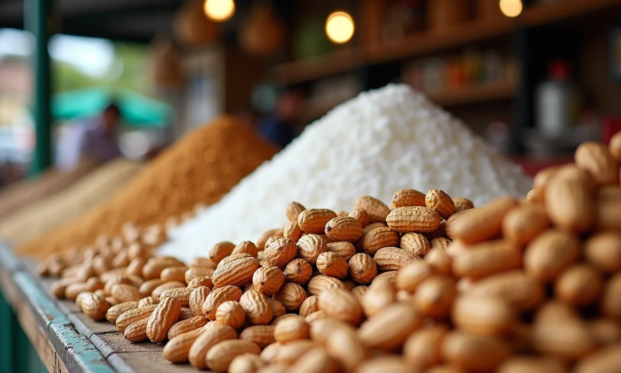 Mercado brasileiro com ingredientes para pé de moleque.