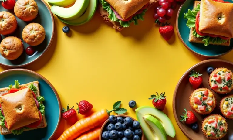 Mesa colorida com lanches saudáveis para adultos e crianças: frutas, sanduíches, mini pizzas e muffins.