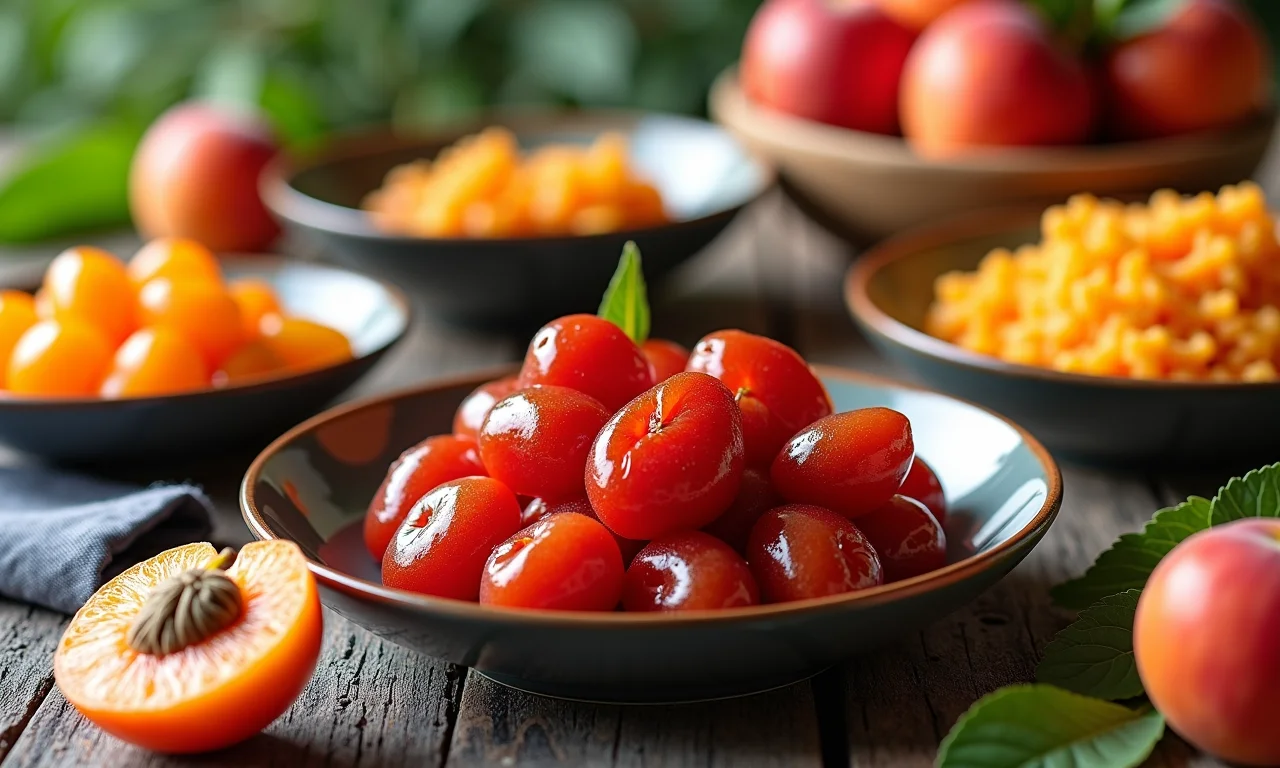 Mesa colorida com pratos com umê e damasco japonês, estilo Farm Rio.