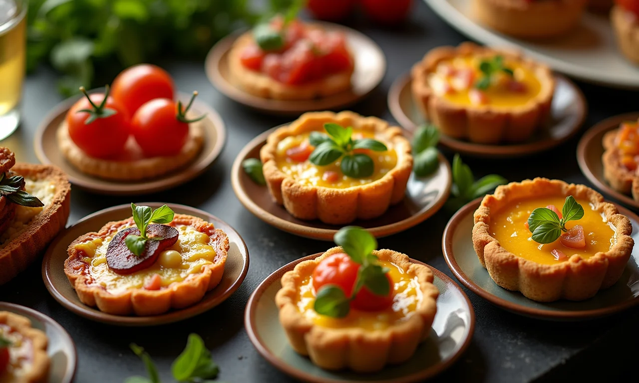Mesa com diversos finger foods, como mini quiches e espetinhos.