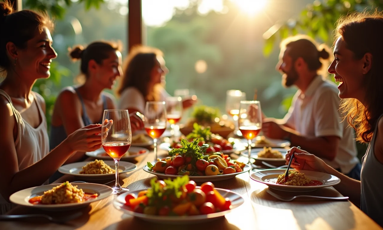 Mesa de almoço de domingo lindamente decorada com pessoas reunidas.