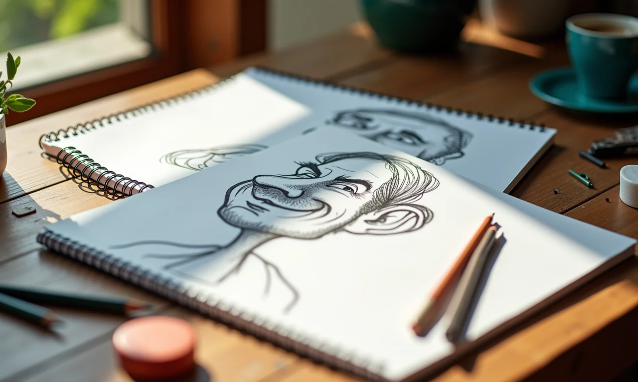 Mesa de artista com materiais para caricatura, estilo brasileiro.