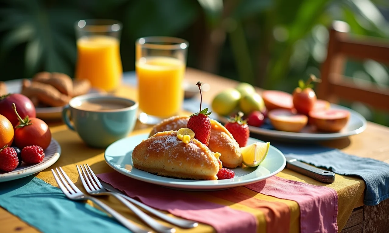 Mesa de brunch de fim de semana com frutas frescas, doces e café, em estilo brasileiro vibrante.