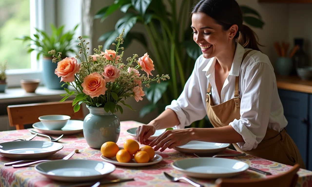 Mesa de café da manhã charmosa com decoração vibrante e flores.