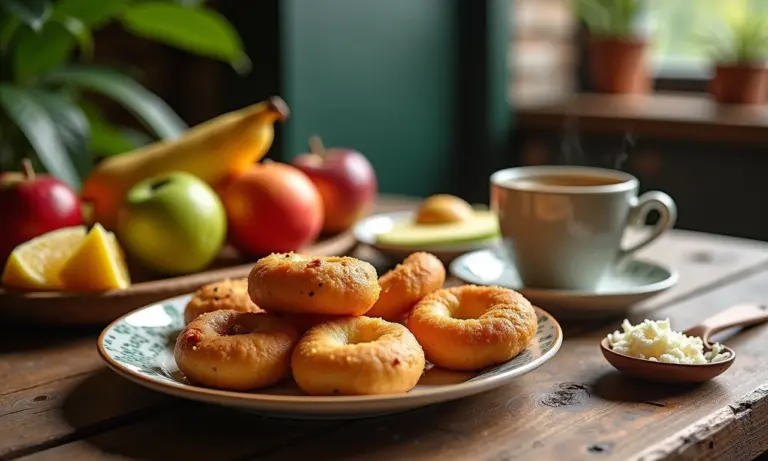 Mesa de café da manhã especial com quitutes brasileiros e frutas frescas.