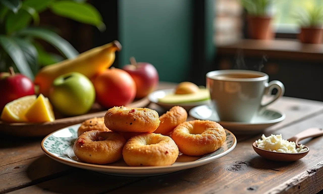 Mesa de café da manhã especial com quitutes brasileiros e frutas frescas.