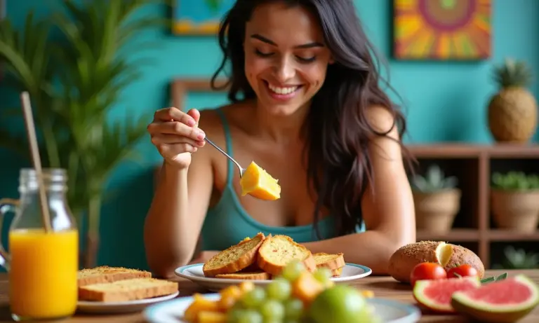 Mesa de café da manhã vibrante com opções sem pão, frutas tropicais e decoração brasileira.