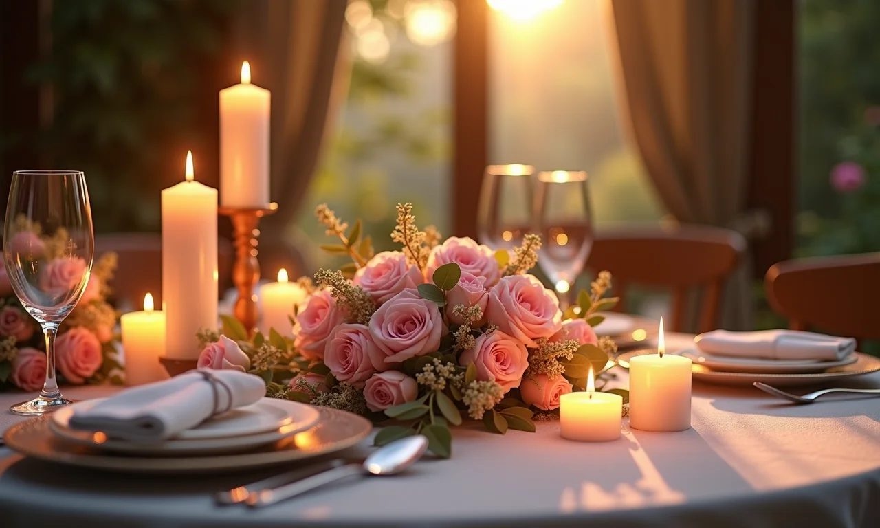 Mesa de casamento romântica com velas e flores.