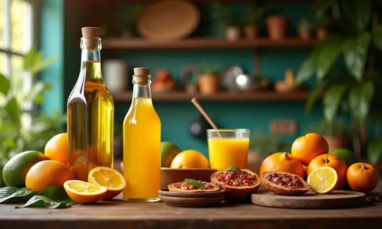 Mesa de cozinha brasileira farta com ingredientes e pratos feitos com macaúba.