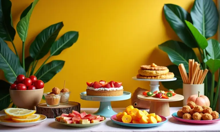 Mesa de festa infantil com comidas criativas e decoração vibrante.