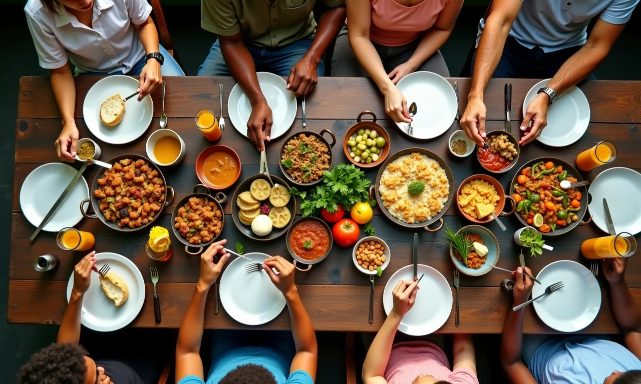 Mesa de jantar farta com diversas opções de comida para um grande grupo de pessoas.