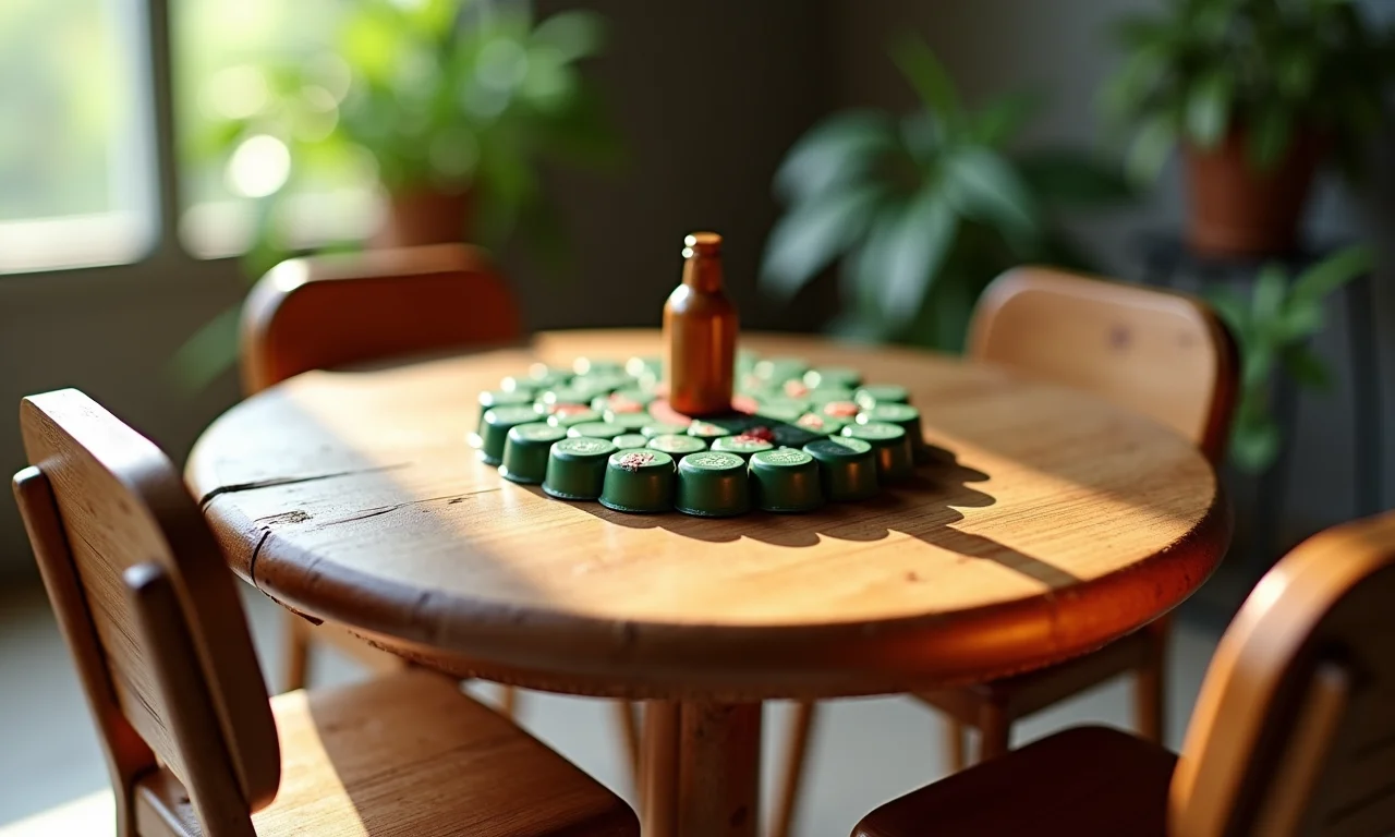 Mesa de jantar para casinha de boneca feita com tampinhas de garrafa.