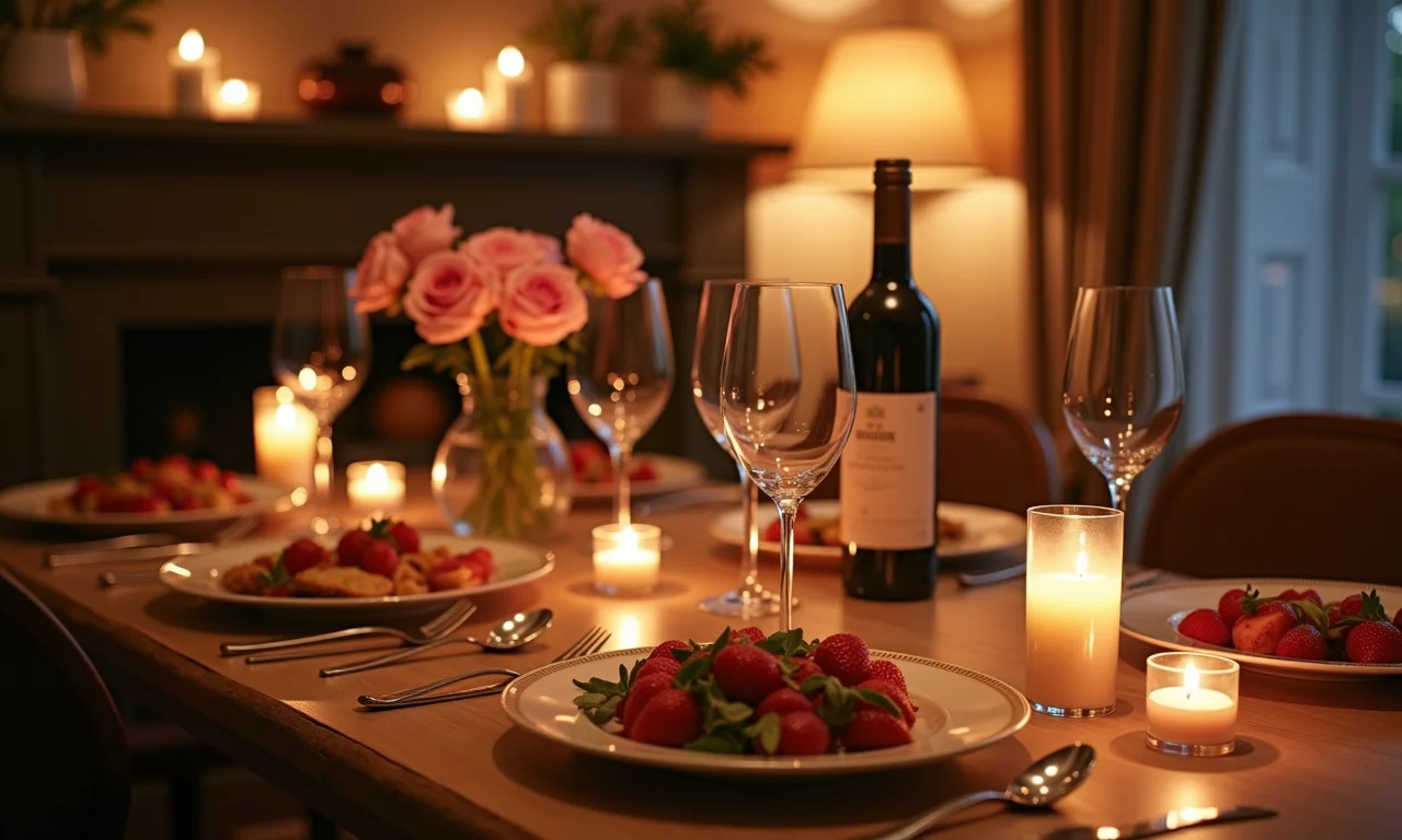 Mesa de jantar romântica decorada para um jantar a dois em casa.