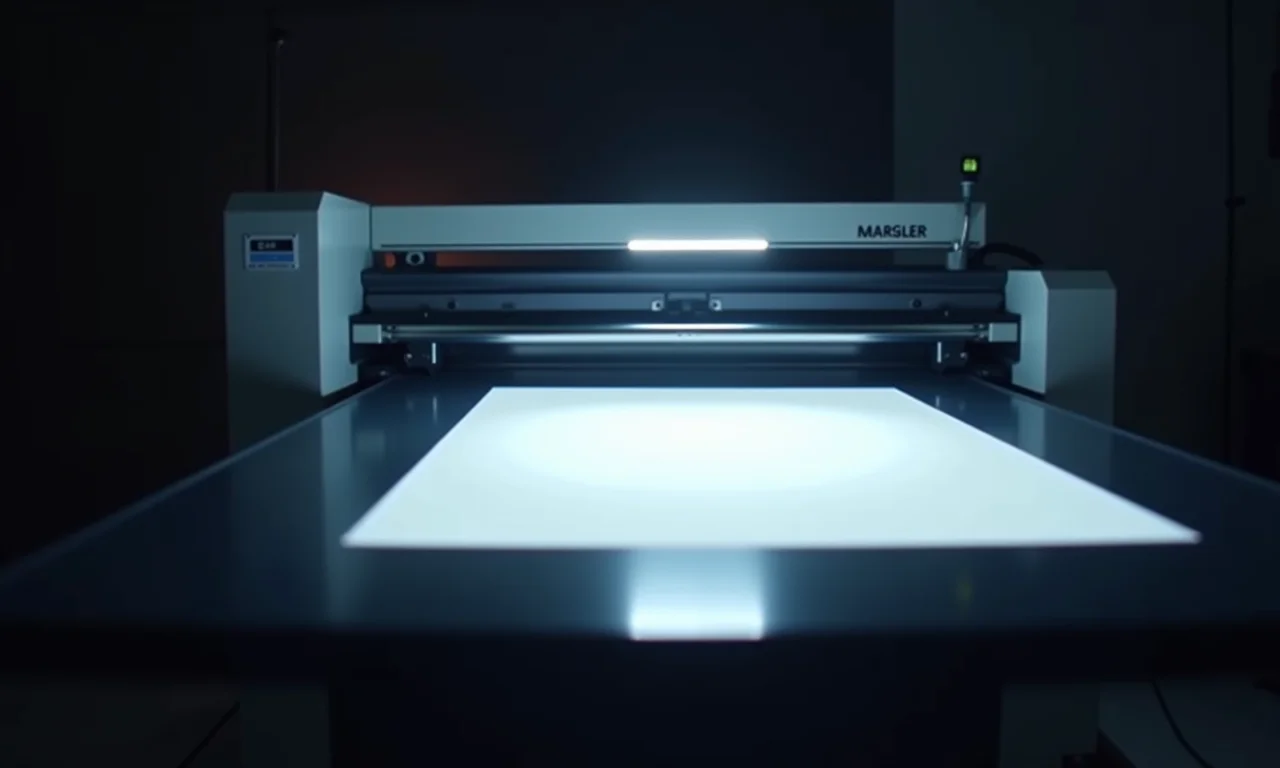 Mesa de luz ou exposição iluminando a tela serigráfica.